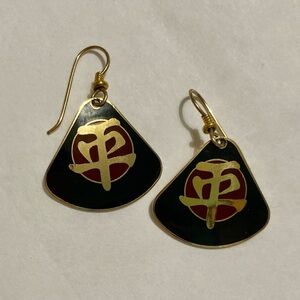 Laurel Burch Vintage Chinese "Tranquility" symbol black gold drop earrings